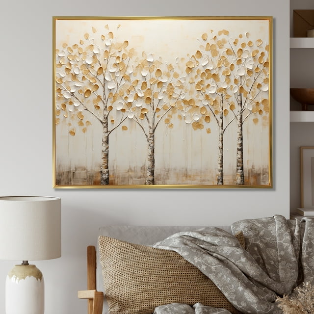 Designart Large Tree Gold framed wall art, Tranquil Beige Trees , Trees framed wall art decor, beige Gold framed wall art, 40x30 inches Gold Frame