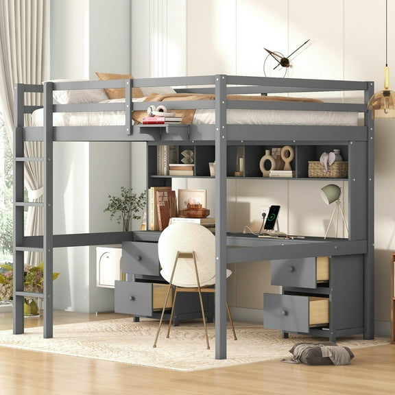 Wood Full Size Loft Bed With Desk, Cabinets, Drawers & Charging Station Gray Storage Compartments,