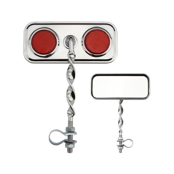 Bike Rectangle Flat Twisted Mirror Chrome Red Reflectors.