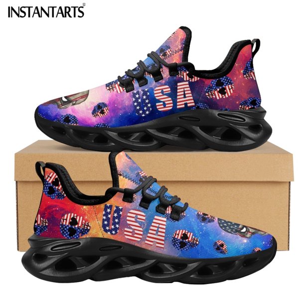 Zapatillas de deporte unisex con cordones y diseño de calavera y bandera estadounidense, de tendencia, para mujer, calzado transpirable para caminar
