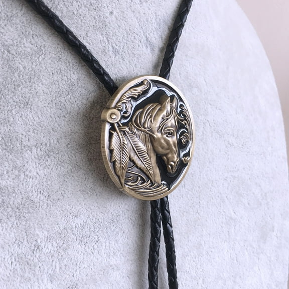 Antique Bronze Plated Western Horse Head Oval Bolo Tie Leather Necklace