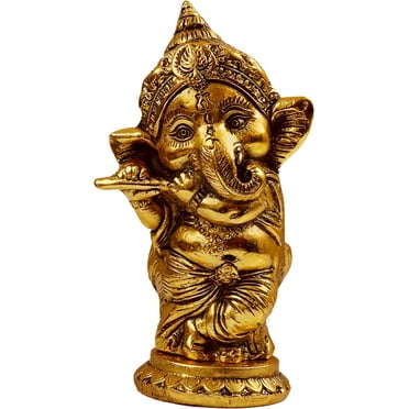 Charmy Crafts Metal Ganesh Statue with Flute for Home Décor Gift Item, Golden, 6 x 3.25 x 2.5 inches