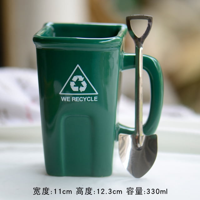 Taza de café exótica reciclable verde del cubo de la taza del cubo de basura cuadrado de cerámica de la taza del agua con la pala
