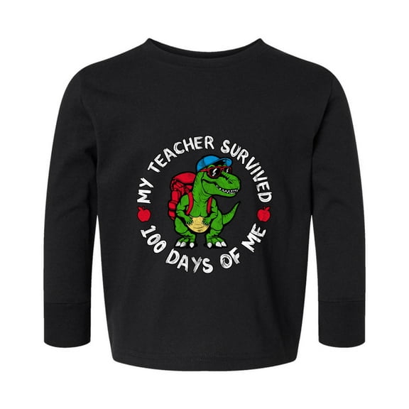 Wild Bobby My Teacher Survived 100 Days of Me Funny Dinosaur Cool Dino, 100 Days of School 2024 2025 Design for Kids Youth Boys Girls School Toddler Long Sleeve Shirt