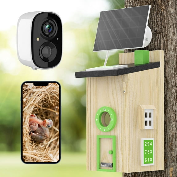 Solar Bird House with Camera - 2K HD Wooden Smart Birdnest Watch Birds Nesting & Hatching in Real Time, 2.4G WiFi with Camera Inside AI Identify Bird Behavior, Ideal Gift for Bird Lovers