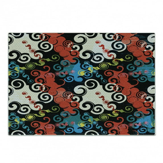 Psychedelic Cutting Board, Dark Spiral Puzzle Forms Graffiti Inspiration Grunge Style Street Art Culture, Decorative Tempered Glass Cutting and Serving Board, Small Size, Multicolor, by Ambesonne