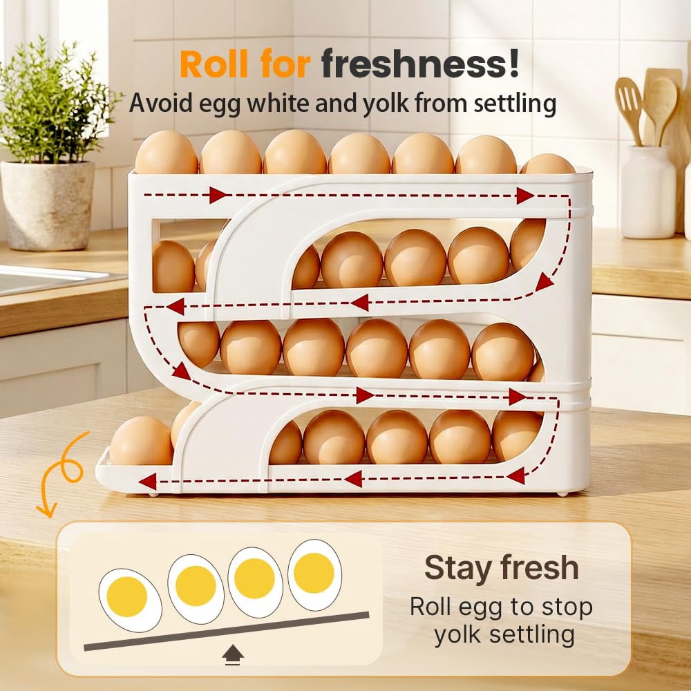 Auto Rolling Egg Holder for Fridge, 4-Tier Egg Dispenser Organizer Holds 28 Eggs, No Assembly Space-Saving Egg Storage Rack for Refrigerator & Countertop