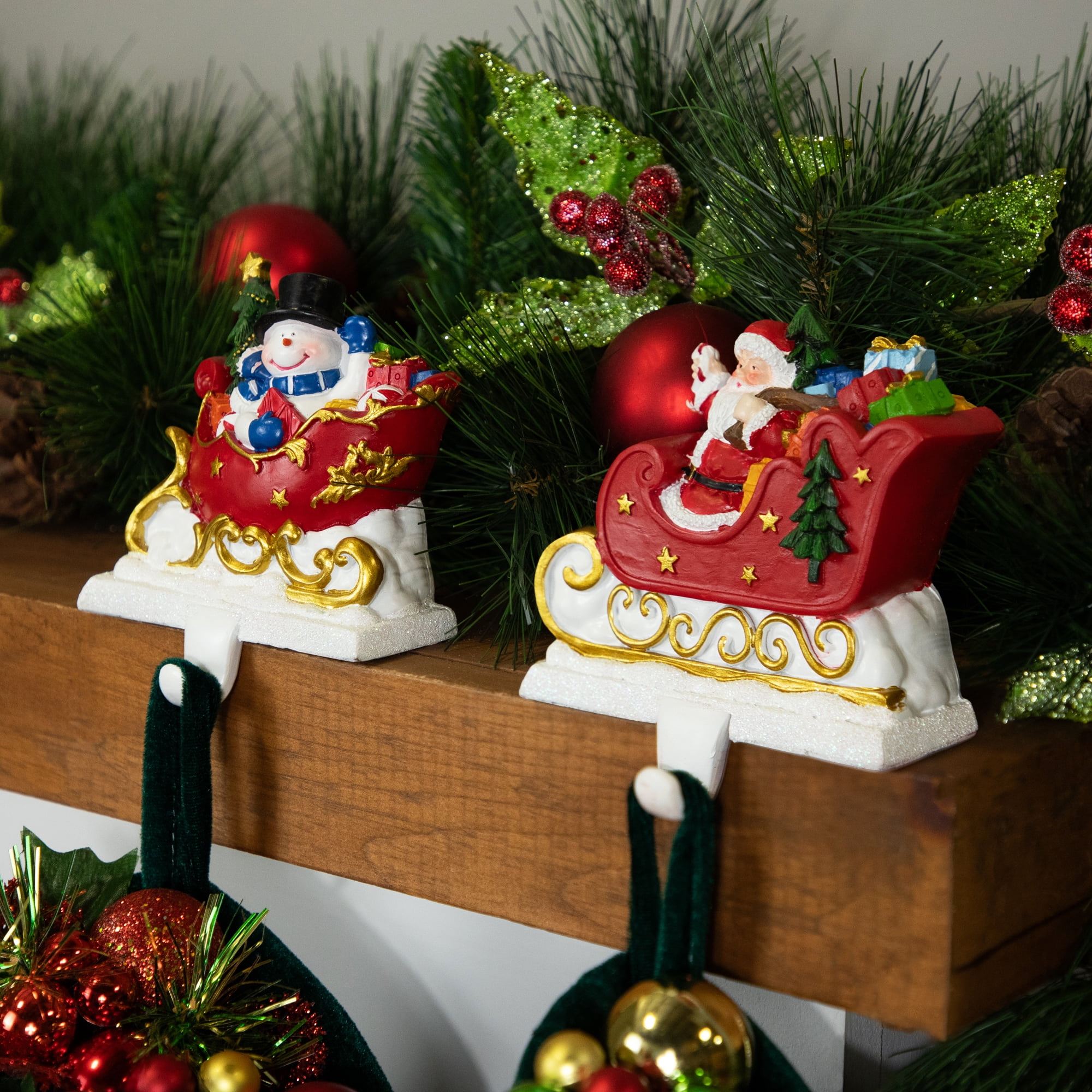 Northlight Santa and Snowman Sleigh Ride Christmas Stocking Holders - 4.25" - Set of 2