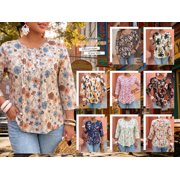Cuteduck Women Plus Size Printed Tunic 3/4 Sleeve Fall Pleated Round-neck Casual Loose Ruffled Top 1X-5X