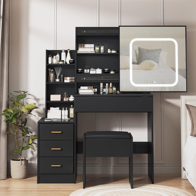 Modern Vanity Desk Set with Sliding LED Mirror, 3 Adjustable Lighting Modes, Built-in Power Outlet, 4 Drawers, Storage Shelves and Cushioned Stool, Dressing Table for Bedroom