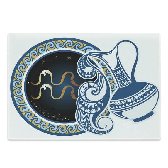 Zodiac Cutting Board, Image of Aquarius Sign with Jug and Circular Globe World Form on the Background, Decorative Tempered Glass Cutting and Serving Board, Large Size, Multicolor, by Ambesonne