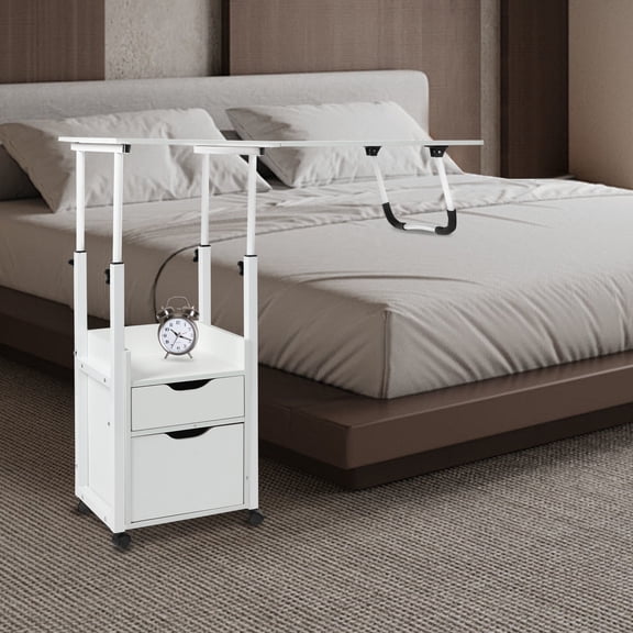 Overbed Table w/ Wheels, Movable Bedside Table, Height Adjustable Over Bed Desk