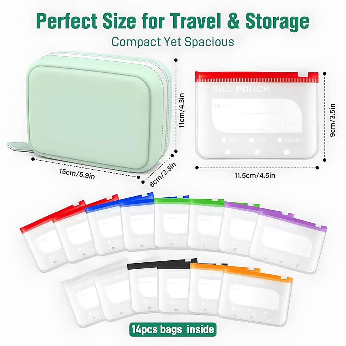 Waterproof Pill Pouches – Reusable A8 Travel Pill Organizer, Color-Coded Weekly Pouch for Purse & Daily Use