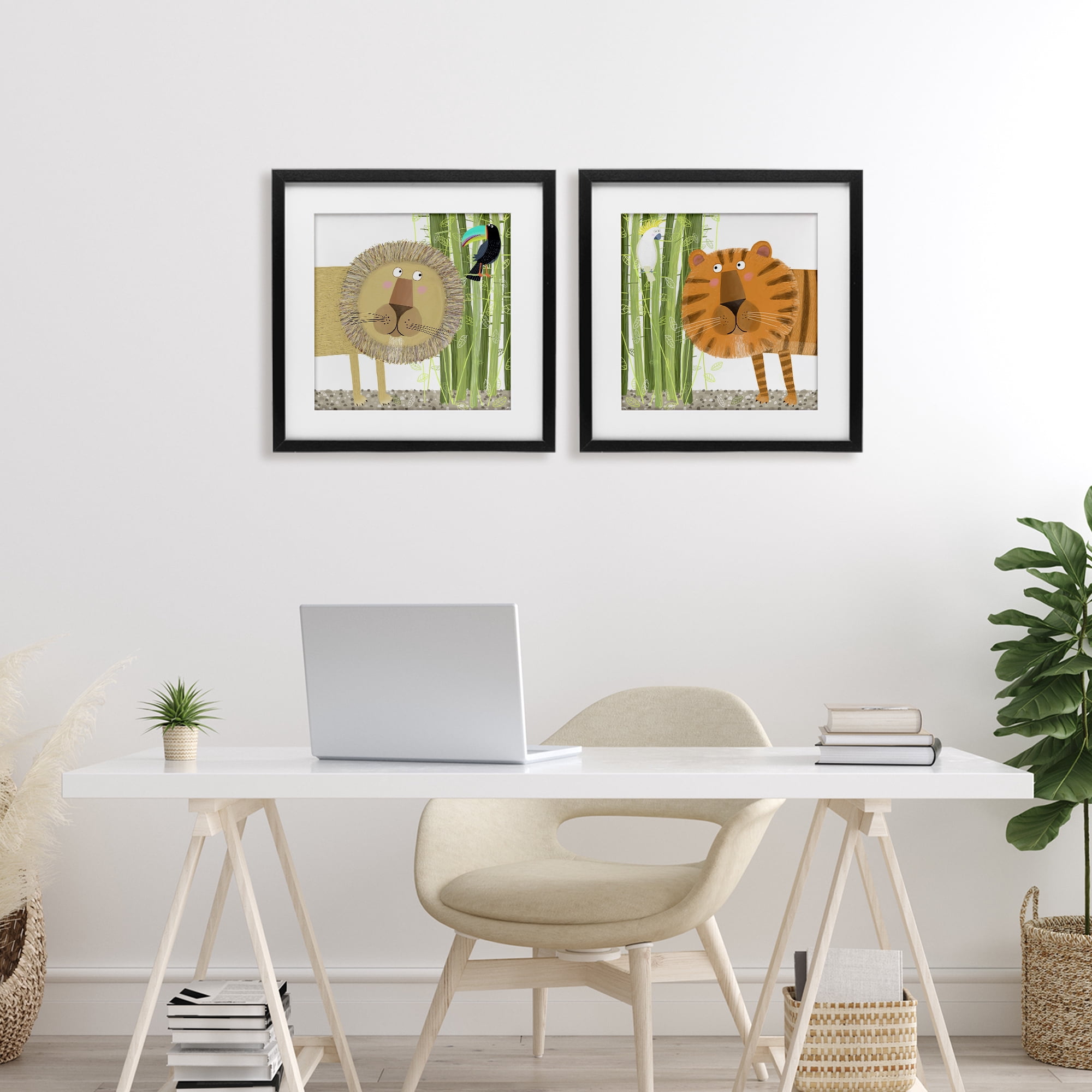 Stupell Industries Bamboo Trees & Animals 2 Piece Black Framed Print Under Glass Set, design by Carla Daly