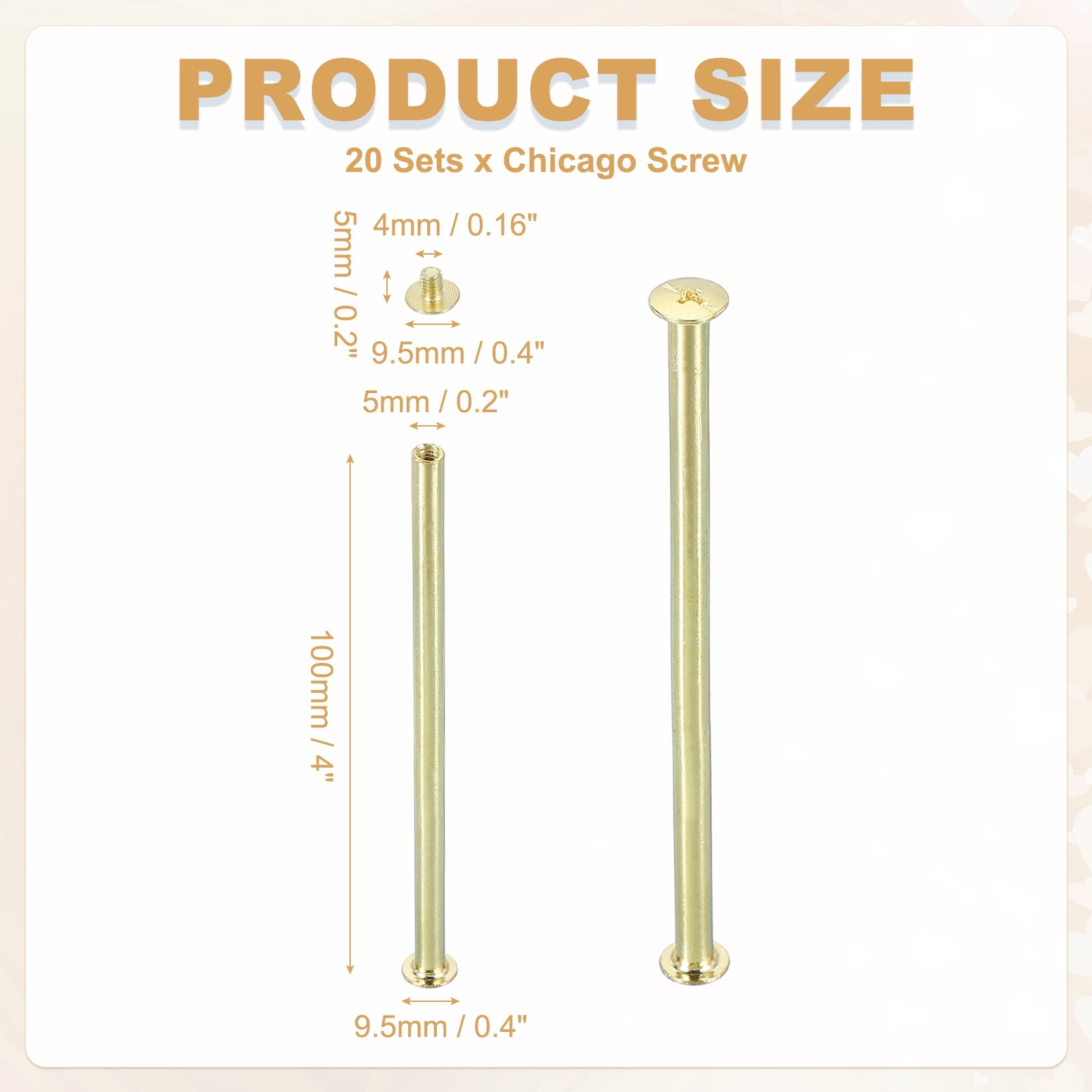 Uxcell 20 Sets Chicago Screw Rivets M5x100mm Metal Phillips Head Post Nail Rivet Stud Screws Connectors for DIY Leather Belt Bag Craft Bookbinding, Gold