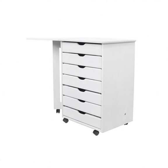 Pemberly Row Solid Wood 7-Drawers Gate Leg Roll Utility Cart Desk in White