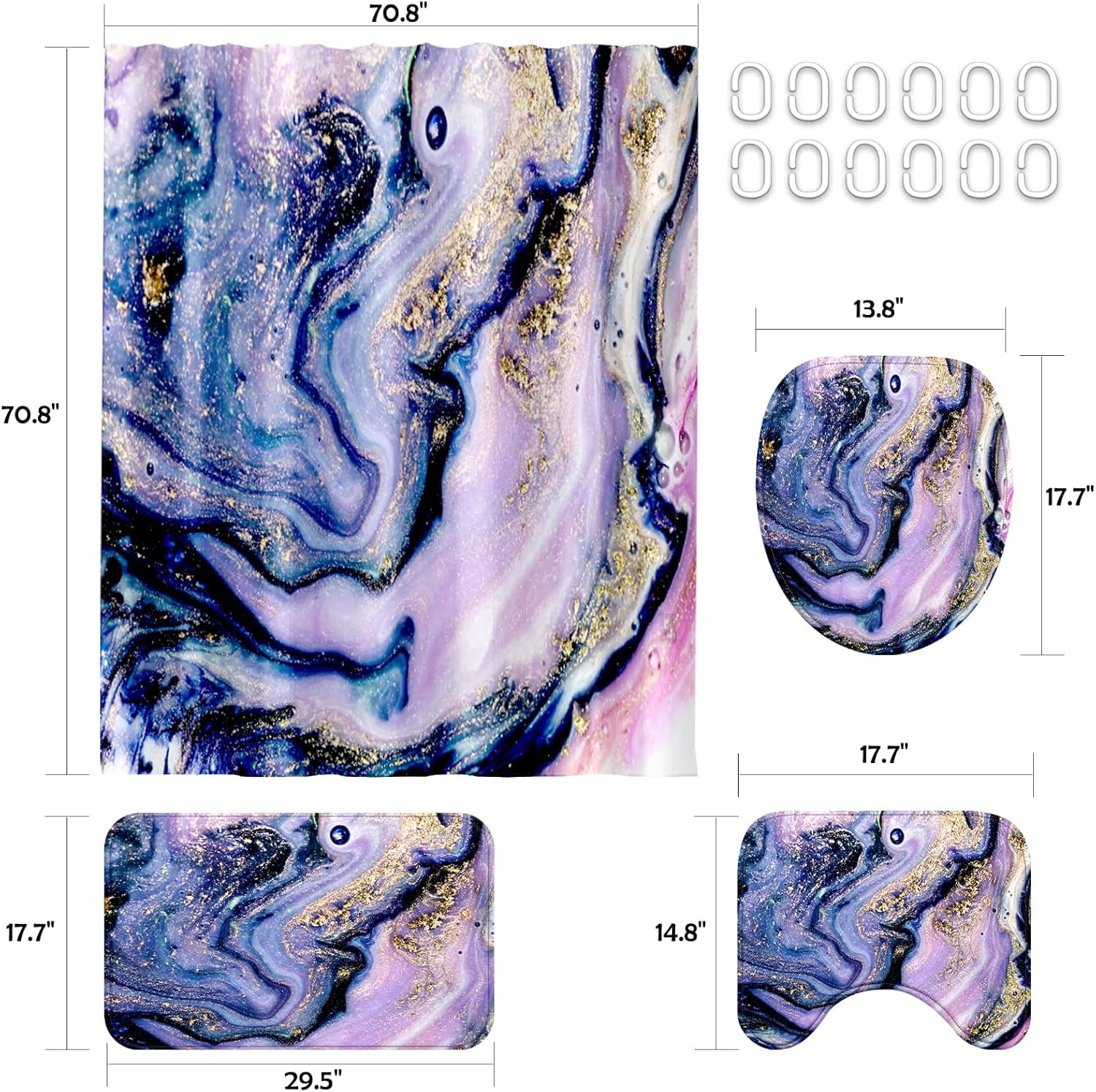 Bathroom Sets with Shower Curtain and Rugs, Toilet Lid Cover, and Non-Slip U Shape Mat, Waterproof Polyester Bathroom Shower Curtain Sets with 12 Hooks