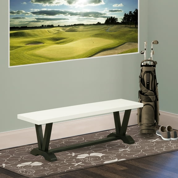 Southwestern Dining Bench - 60" Linen White Wood Bench with Black Legs - Entryway Seating