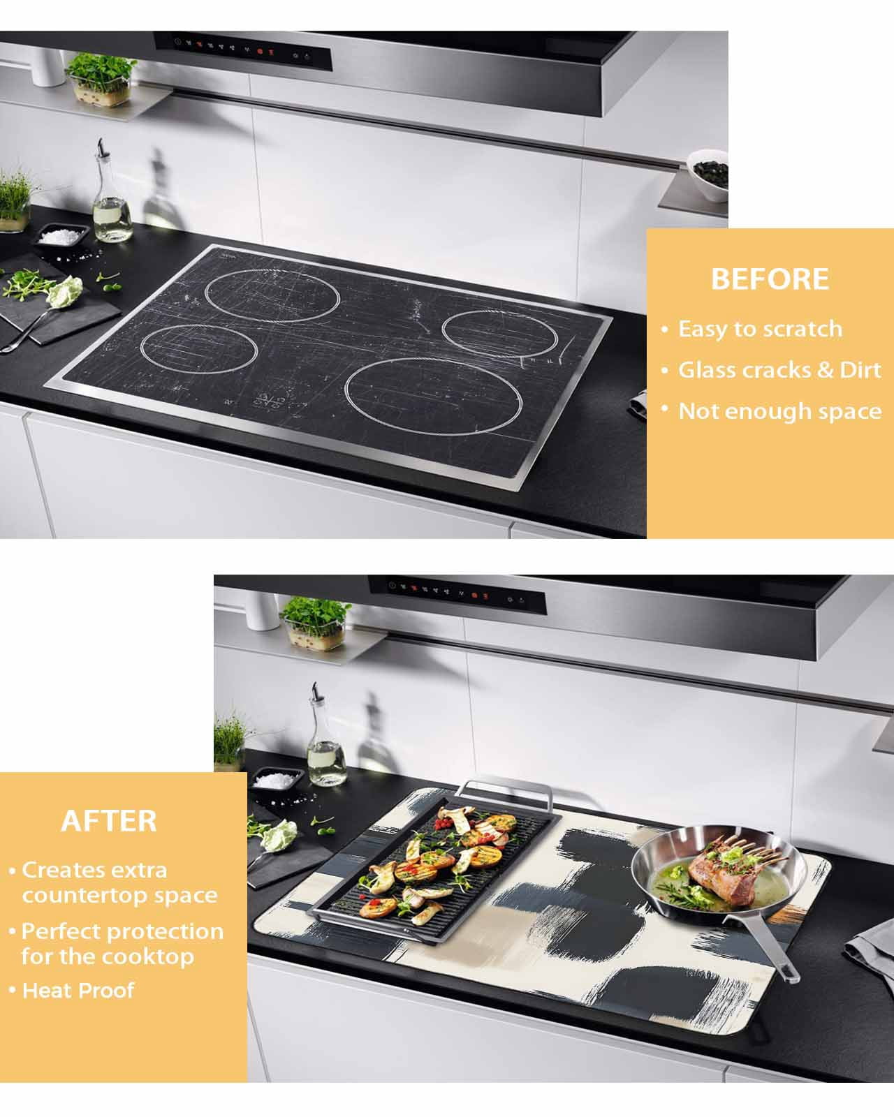 nqOlkjepod Large Induction Cooktop Protector Mat 24"x21", Black Khaki Stove Top Covers for Electric Stove, Geometric Simple Middle Century Art Stove Burner Cover Mats, Glass Top Stove Cover