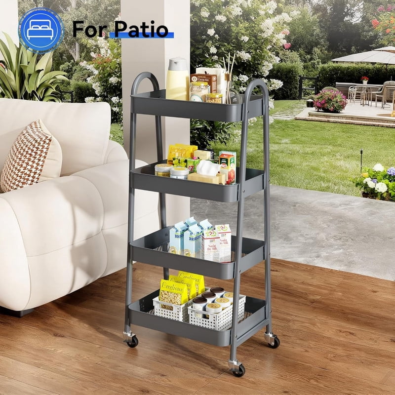 Kelno 4 Tier Rolling Cart Metal Utility Storage Cart Mobile Storage Organizer with Lockable Wheels, Gray