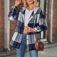 thumbnail image 3 of Abrigo a cuadros para mujer, chaqueta con botones y capucha, ajuste holgado, informal, a la moda, para otoño e invierno, azul oscuro XXL, 3 of 6
