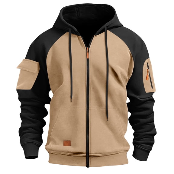 LJEFF Men's Hooded Sweatshirt, Color-Blocked Workwear Arm Pocket Spring and Fall Men Casual Hoodie Khaki
