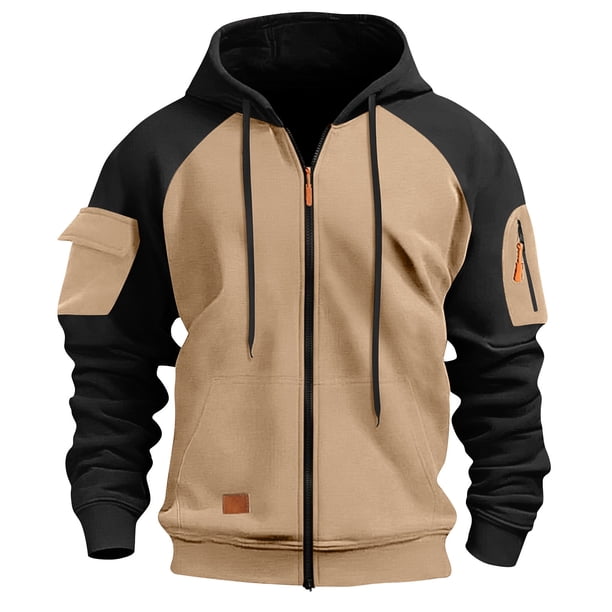 Ceisia Men's Long Sleeve Jacket Drawstring Full-Zip with Kanga Pocket Color Block Sweatshirts Casual Hoodies Khaki L Gift