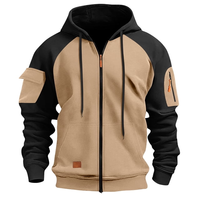 Ceisia Men's Long Sleeve Jacket Drawstring Full-Zip with Kanga Pocket Color Block Sweatshirts Casual Hoodies Khaki M Gift