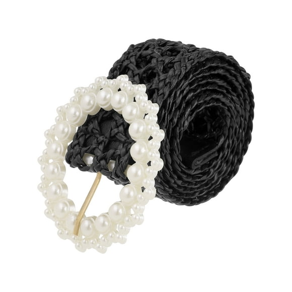 CINTURONES DE MUJER TEJIDOS TRAMADOS REFINADOS, ANCHO DE 1.6" CON HEBILLA DE PERLA BOHEMIA PARA VESTIDO 42.5x1.6" (LxA) NEGRO