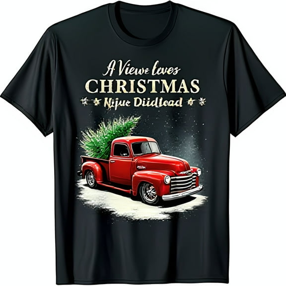 Vintage Black T-Shirt with Red Pickup Truck & Christmas Tree Design