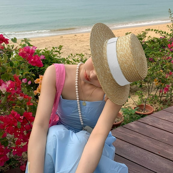 Womens Flat Top Straw Hat Wide Brim Floppy Fedora Summer Beach Sun Hat Sun Shade Ladies Sun Hat Classic Boater Sun Hat Panama Short Brim Fedora for Party Travel