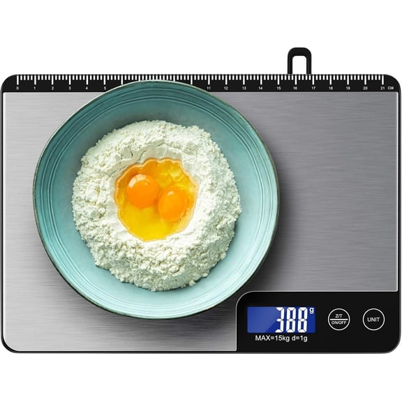 33lb Digital Kitchen Scale Large Weighing Area (9 in), Professional Electronic Food Scale, Stainless Steel Household Scale, Touch Control, LCD Display, Hangable, 6 Units, Tare, with Batteries