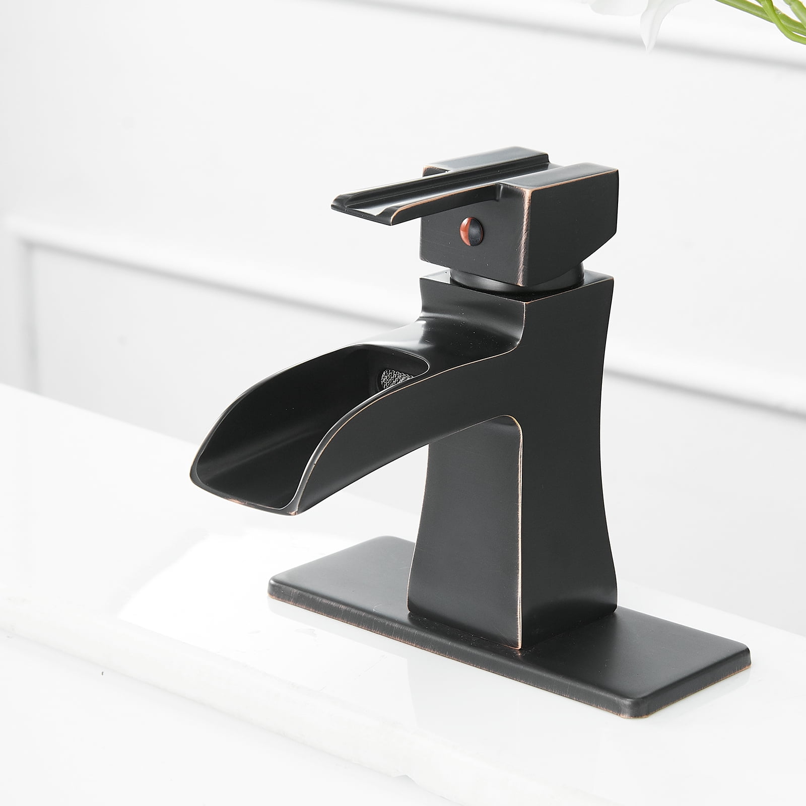 BWE Oil Rubbed Bronze Bathroom Faucet with Pop Up Drain Stopper Overflow Assembly and Supply Hose Bath Waterfall Single Hole Handle Farmhouse Bathroom Sink Faucet Lavatory Mixer Tap