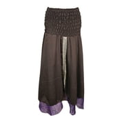 Mogul Womens Tube Dress Vintage Silk Sari Dark Brown Two Layer Flirty Maxi Skirts