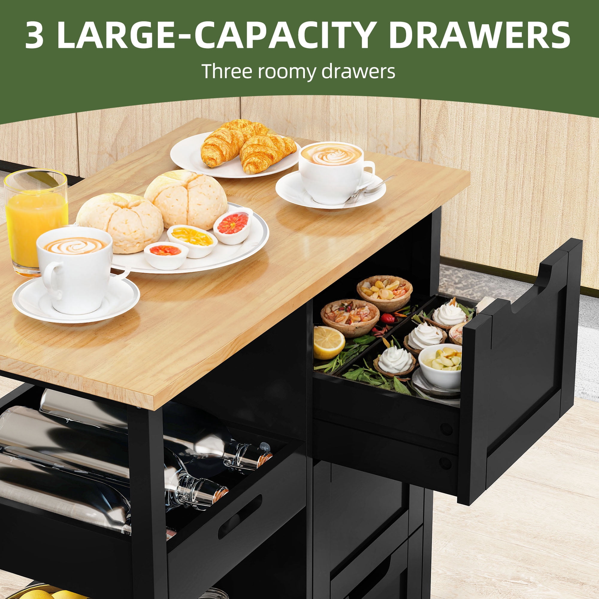Uforic Kitchen Storage Cart with Drawers & Open Shelves, Rolling Kitchen Island, Black