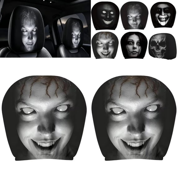2 Pack Halloween Ghost Face Headrest Covers for Cars, Universal Elastic Funny Auto Seat Protector with Luminous Glowing Eyes for SUV Truck, Halloween Decorations