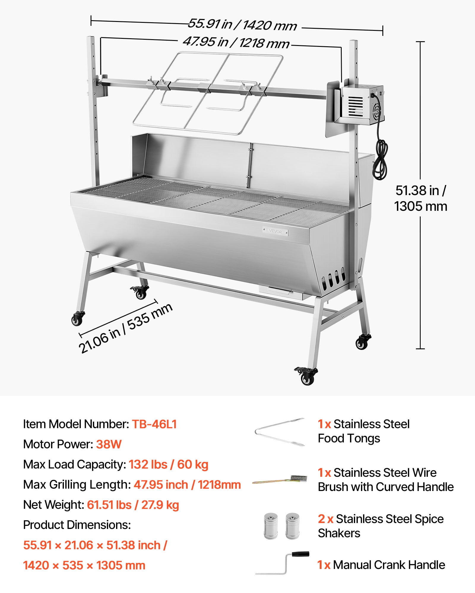 VEVOR Rotisserie Grill, 38W BBQ Outdoor Pig & Lamb Spit Roaster, Charcoal Spit Roaster with 132 LBS Capacity, Wheels & 4-Level Height,Stainless Steel Electric Rotisserie Grill Kit for Camping Outdoor