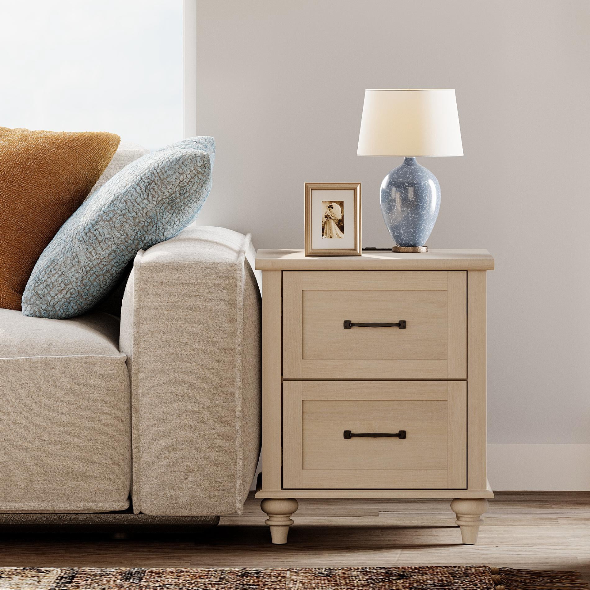End Table with Charging Station, 2-Drawer Nightstand for Bedroom, Elegant Side Table for Living Room, Dorm, Beige