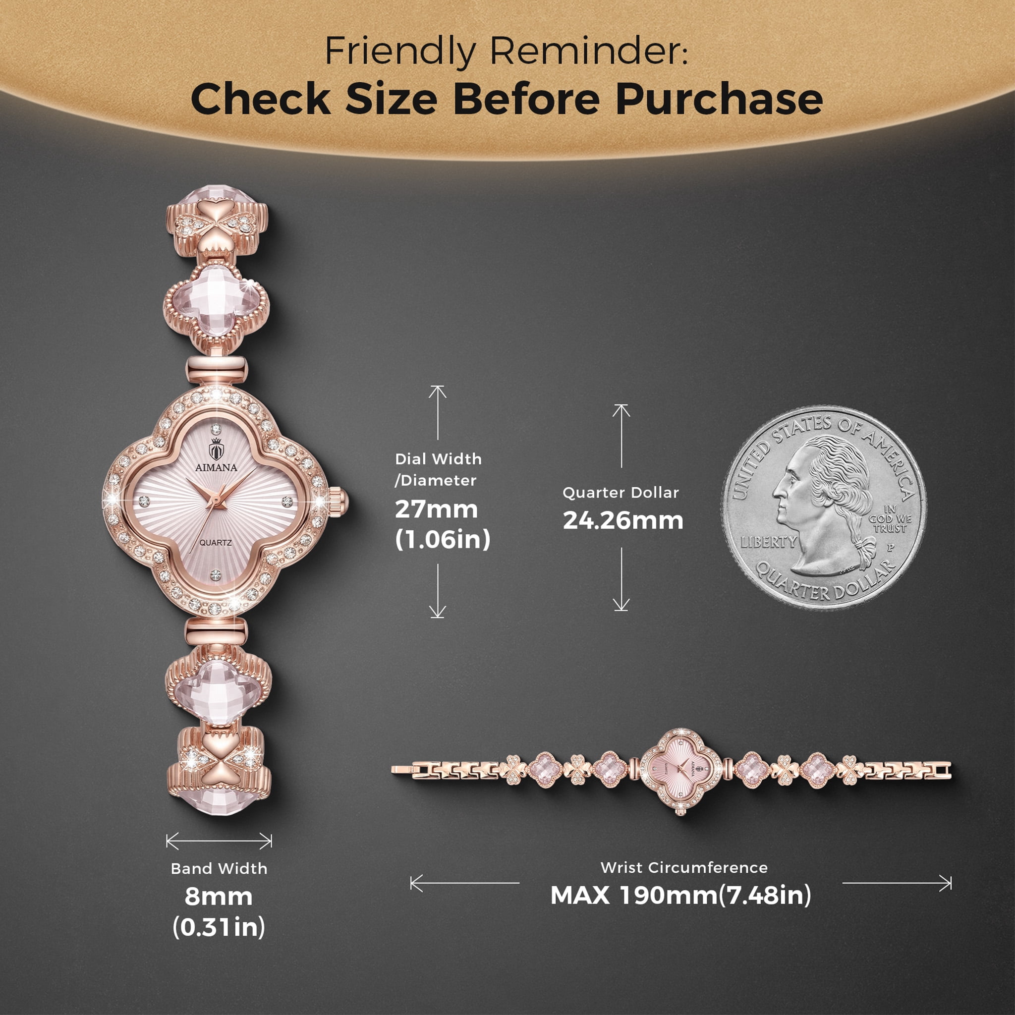 Gold Watches for Women, Rose Gold Tone Bracelet Watch for Ladies Jewelry, Vintage Leaf Clover Shaped Dial, Small Analog Quartz, Adjustment Tool Included
