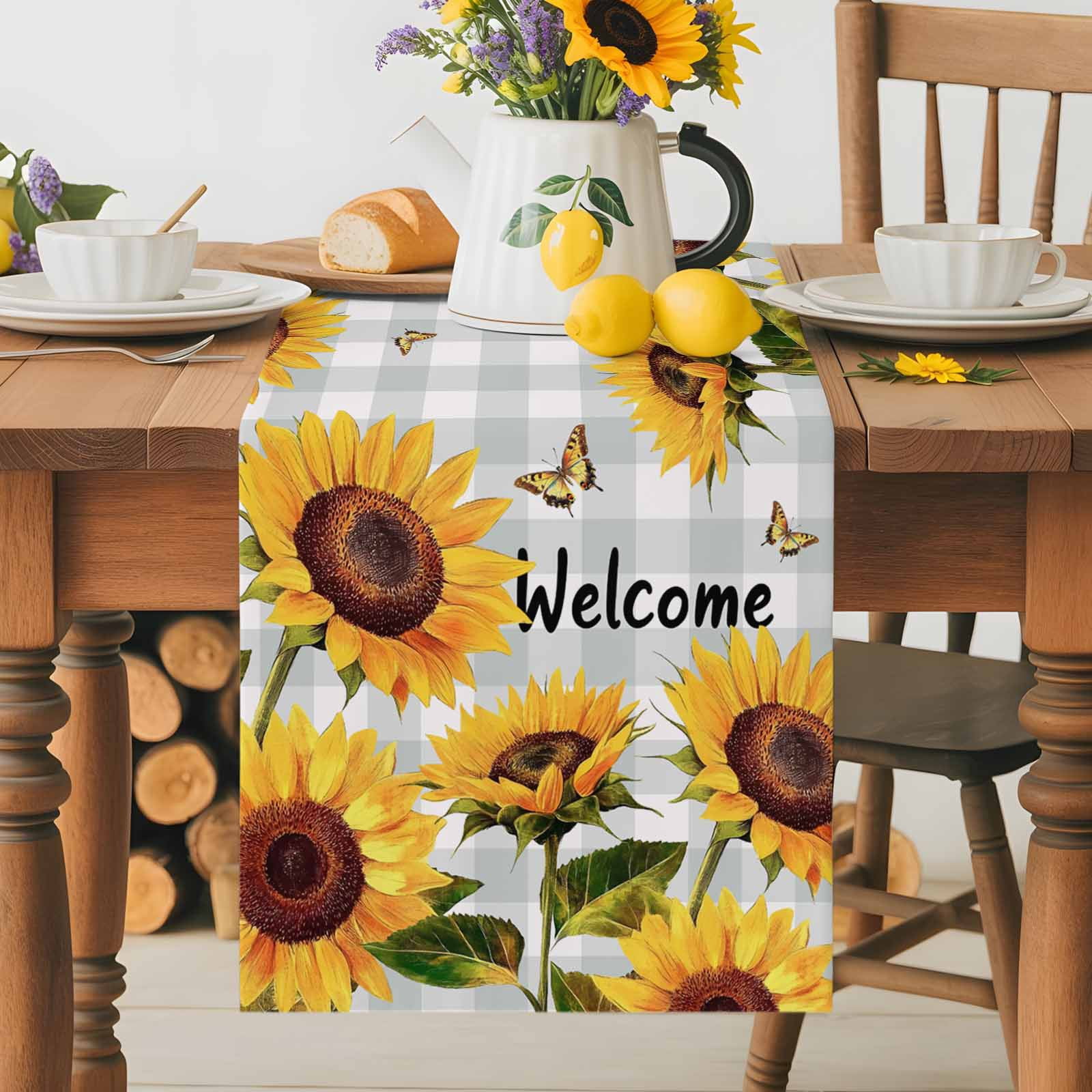 Spring Gradient Yellow Sunflower Table Runner 90 Inches Long, Farm Butterfly on Grey Plaid Table Runners Tabletop Scarf Kitchen Dining Tables Decoration for Home Party Indoor Outdoor