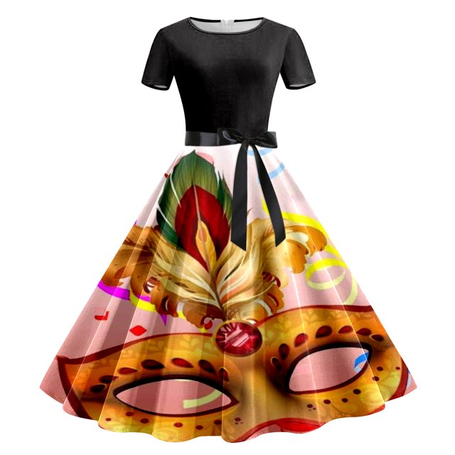 SZXZYGS Robes Soleil Femmes Aguichant Femmes Imprimé Manches Courtes Robe de Soirée Bal des Années 1950 2024
