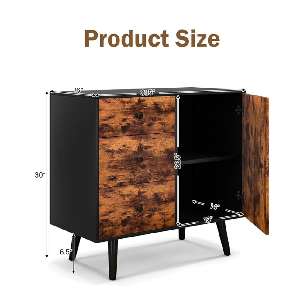 Finihen Storage Cabinet, Mid-Century Wood Storage Cabinet with Door and 3 Drawers, Cabinet for Living Room, Home, Office, Entryway, Brown