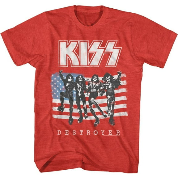 Kiss American Flag Kiss Red Heather Adult T-Shirt