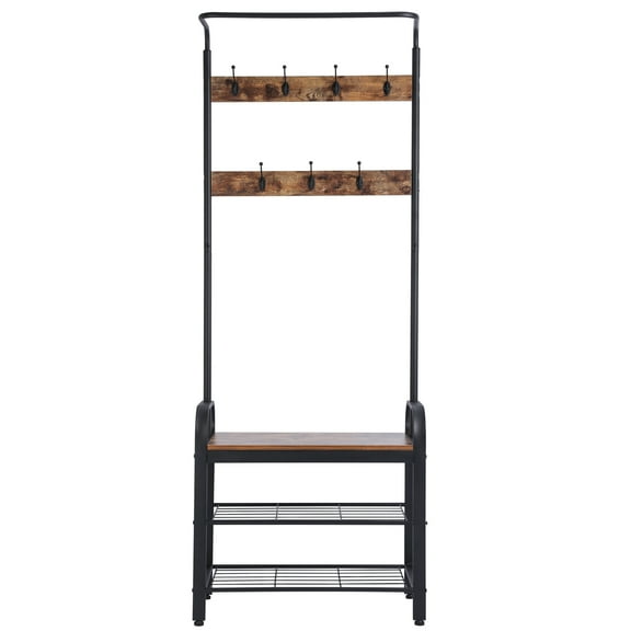 Bibana Vintage Coat Rack Shoe Bench, Hall Tree Entryway Storage Shelf, Wood Look Accent Furniture Metal Frame, 3 in 1 Design, Easy Assembly
