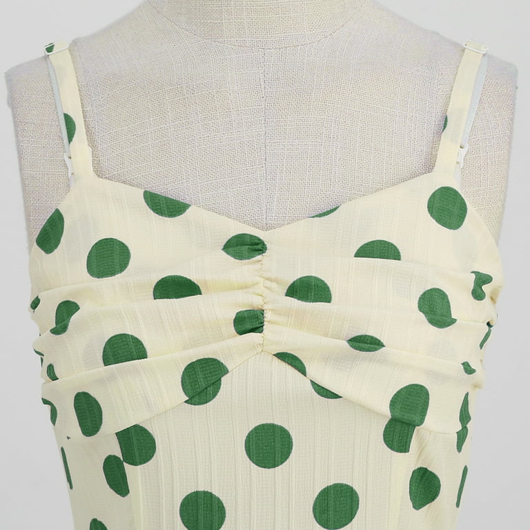 Ibtom Castle Women's Vintage 1950s Cocktail Party Swing Dress Summer Sleeveless Halter Retro Wedding Formal A-line Midi Dresses M Apricot + Green Dots