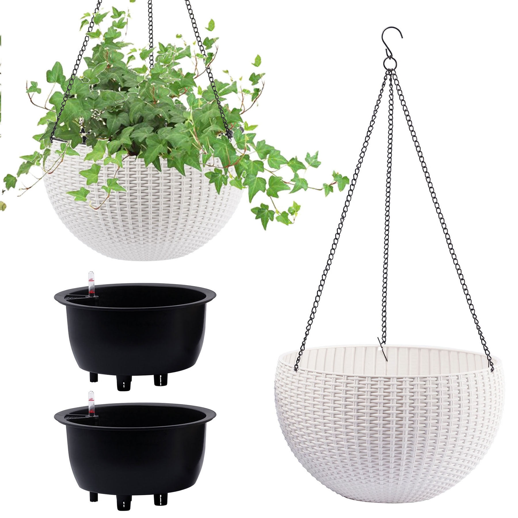 S-HOME Dual-Use Self-Watering Hanging Rattan Planters 13.4 Inch Large Size with Water Level Indicator, for Balcony Decor Indoor Use, White