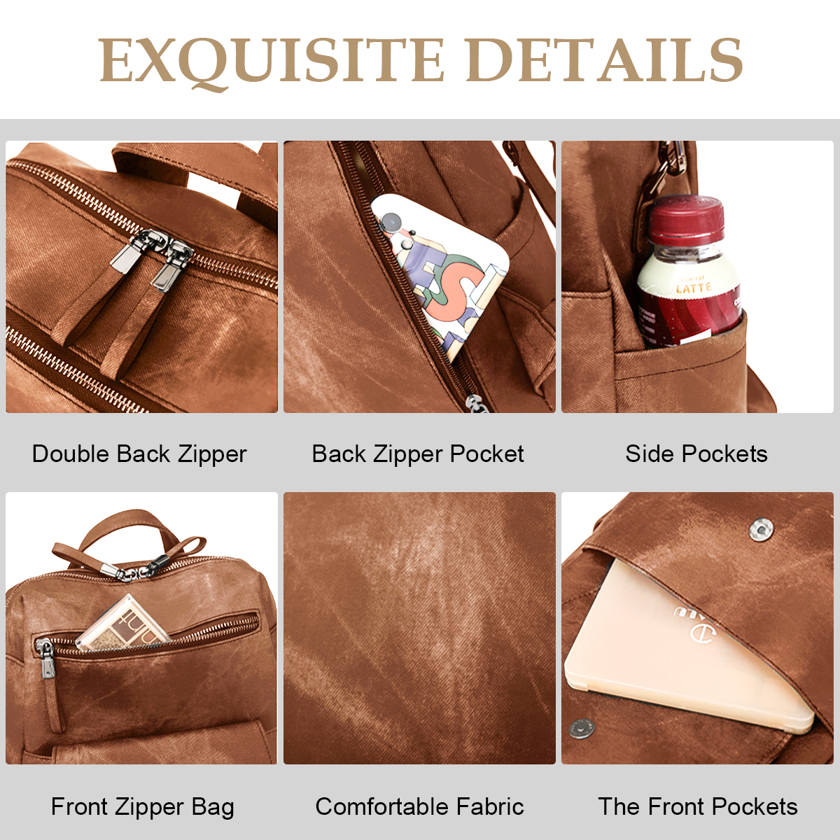Honglong Women's Backpack Purse, Waterproof Leather, Brown photo 6