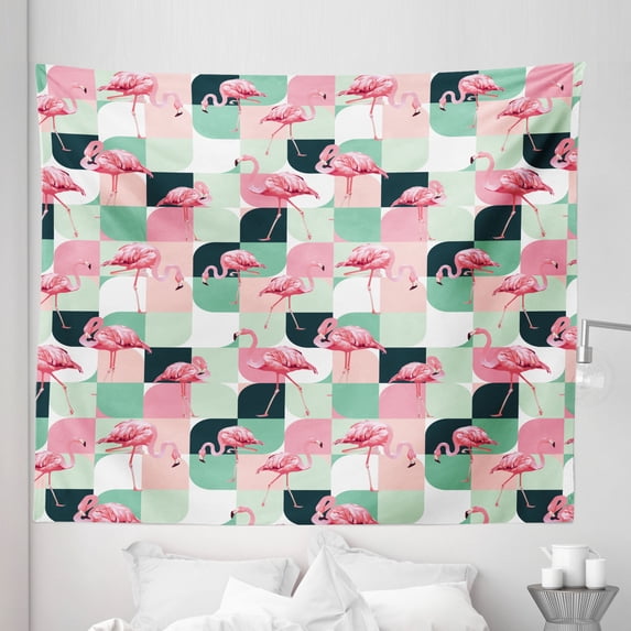 Vintage Florida Tapestry, Quartered Rounds Representation and Pink Flamingos Abstract Themed Motif, Fabric Wall Hanging Decor for Bedroom Living Room Dorm, 5 Sizes, Multicolor, by Ambesonne