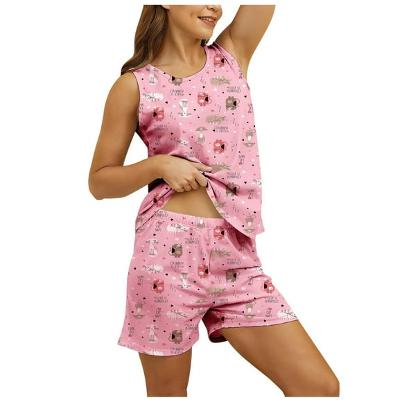 TJAZFJPA Christmas Pajamas for Family 2025 Women's Fashionable Summer Home Wear Round Neck Printed Shorts Vest Pajama Pajama Pants Set Pajamas for Women Set Soft Pants Flannel Pajamas for Women