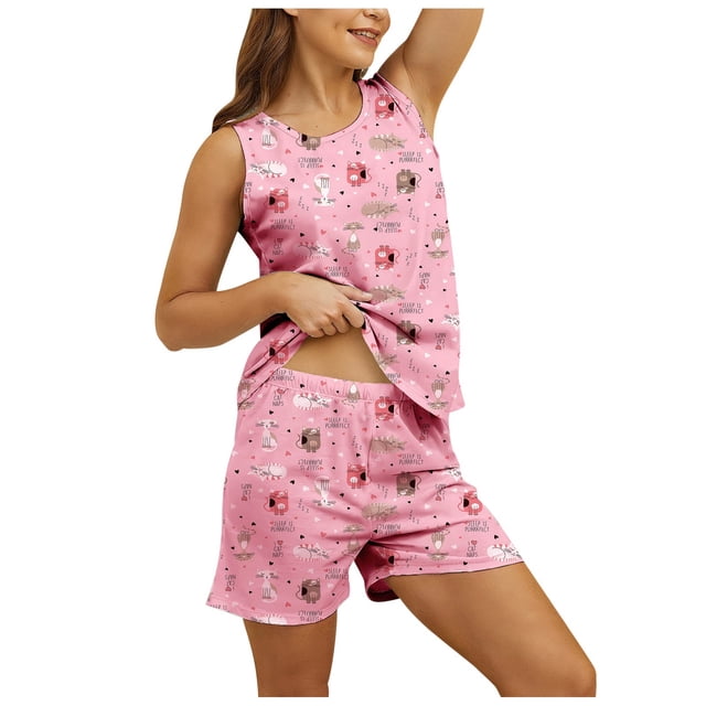 Fgnfyis Ensemble de Pyjama d'Été à la Mode pour Femmes, Col Rond, Shorts Imprimés, Débardeur, Pantalon de Pyjama, Rose TTG